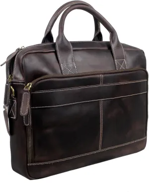 16" Full Grain Leather Briefcase Laptop Bag Shoulder Messenger Bag Classic Handbag for Business or Travel