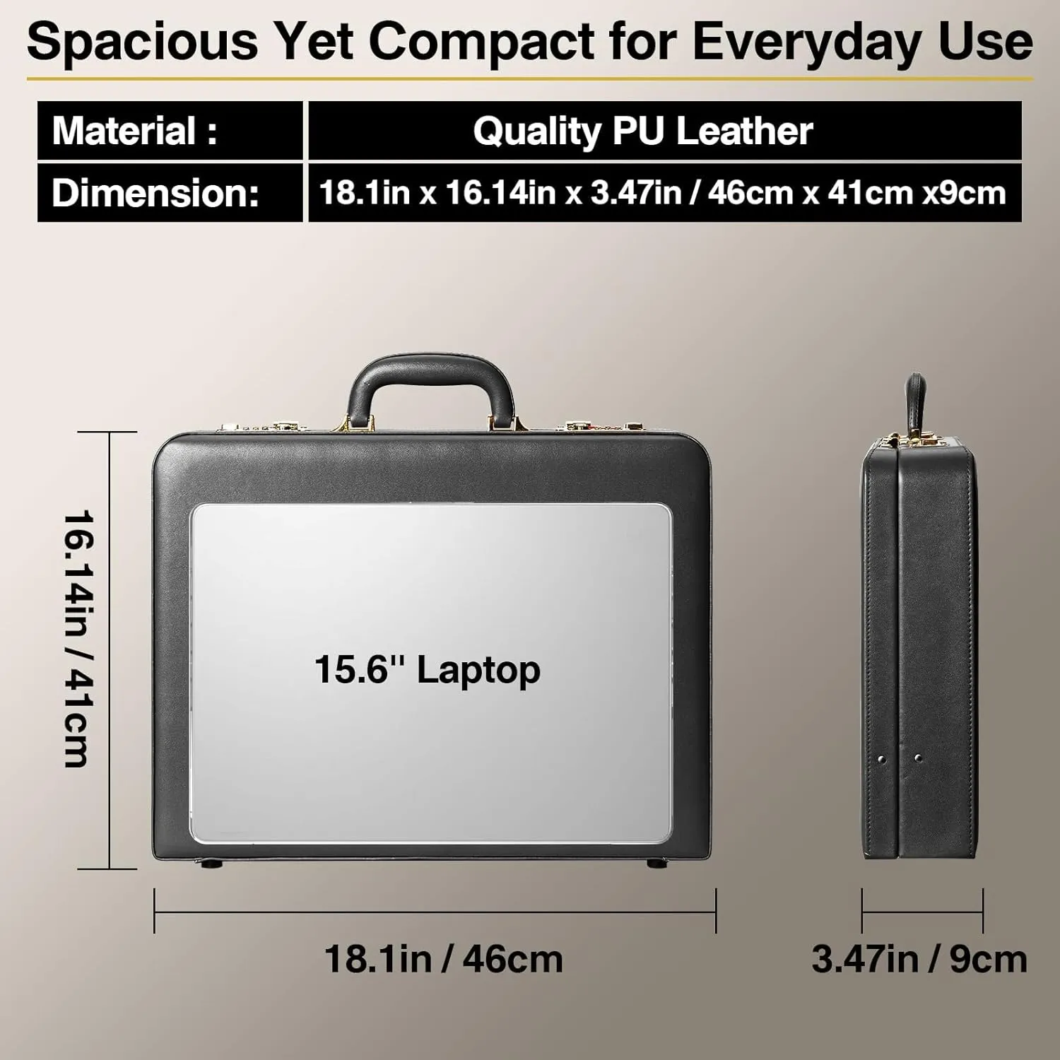 17.5x13.5x3.5 Inch Locking Briefcase - Dual Combination Lock Brief Case for Men, PU Leather Hard Case, Attache Case for Laptop Document Phone Passport, Black