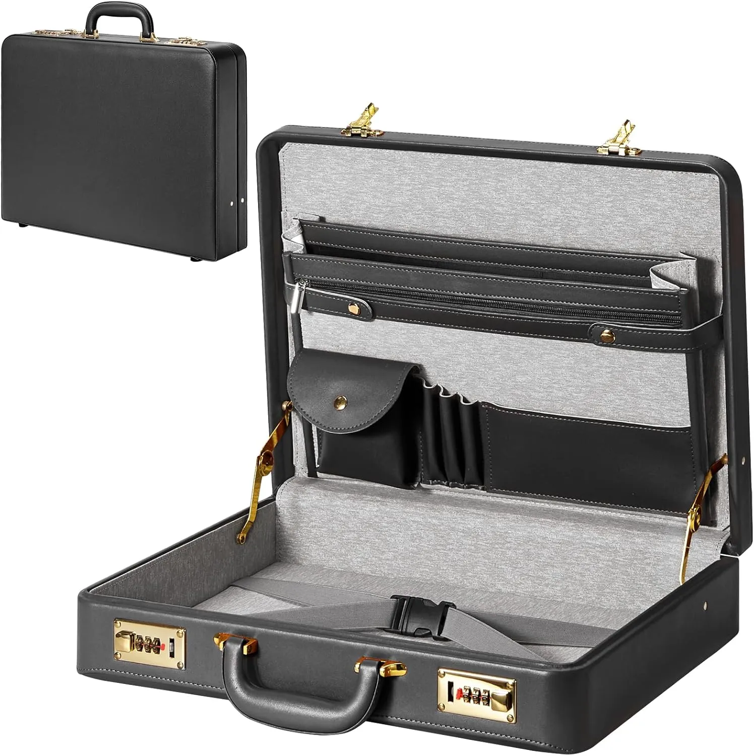 17.5x13.5x3.5 Inch Locking Briefcase - Dual Combination Lock Brief Case for Men, PU Leather Hard Case, Attache Case for Laptop Document Phone Passport, Black