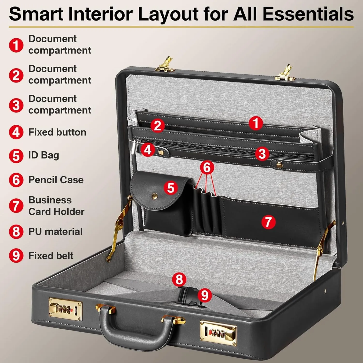 17.5x13.5x3.5 Inch Locking Briefcase - Dual Combination Lock Brief Case for Men, PU Leather Hard Case, Attache Case for Laptop Document Phone Passport, Black