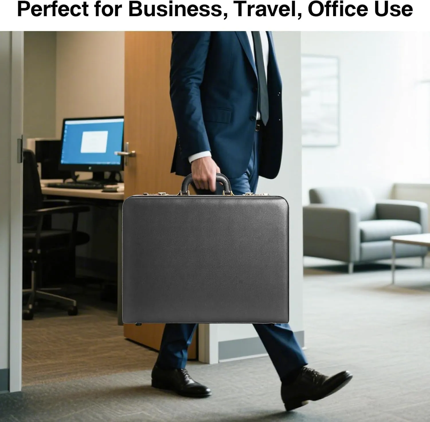17.5x13.5x3.5 Inch Locking Briefcase - Dual Combination Lock Brief Case for Men, PU Leather Hard Case, Attache Case for Laptop Document Phone Passport, Black