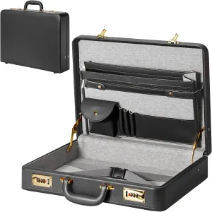 17.5x13.5x3.5 Inch Locking Briefcase - Dual Combination Lock Brief Case for Men, PU Leather Hard Case, Attache Case for Laptop Document Phone Passport, Black