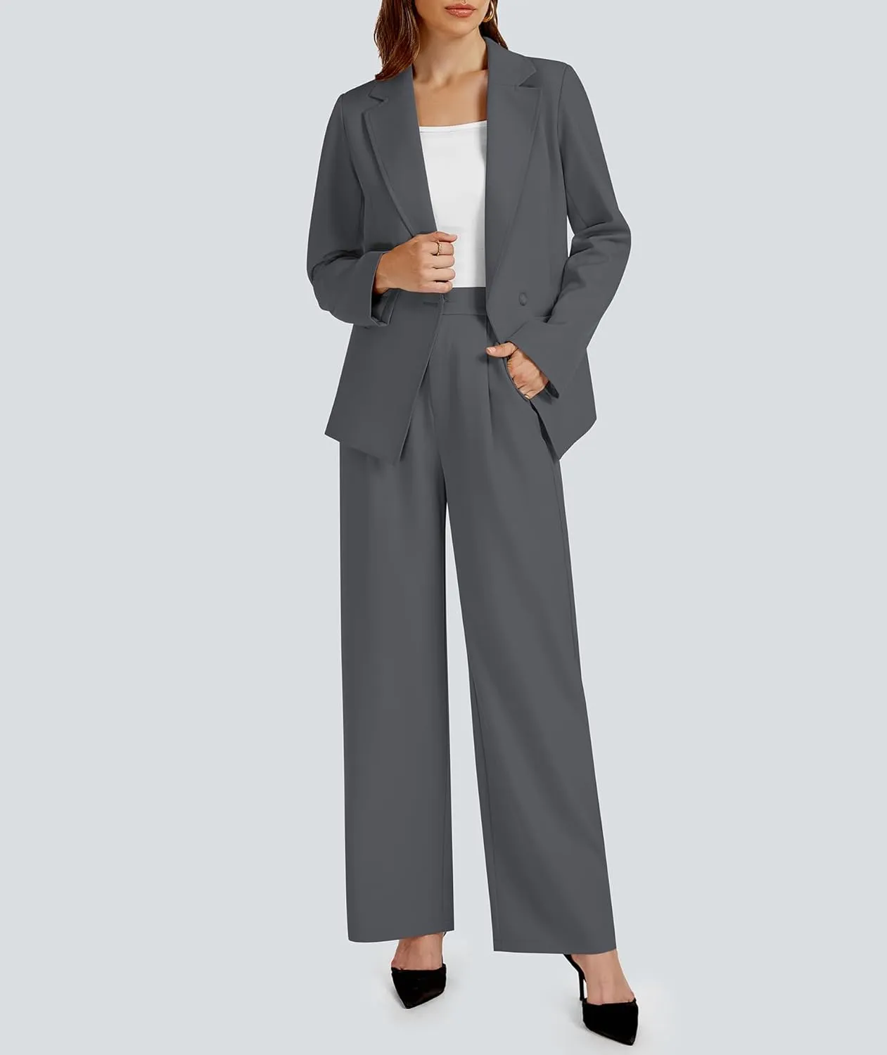 2 Piece Outfits for Women Business Casual Asymmetrical Blazer Jacket and Wide Leg Pants Matching Suit Sets