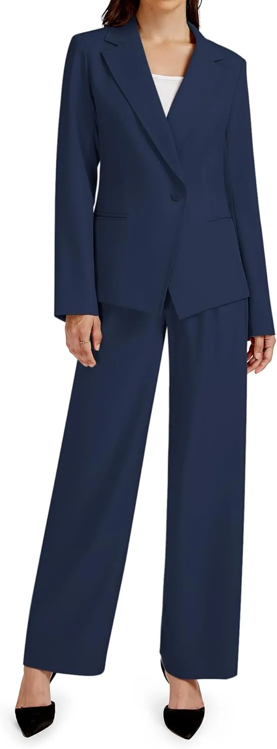 2 Piece Outfits for Women Business Casual Asymmetrical Blazer Jacket and Wide Leg Pants Matching Suit Sets