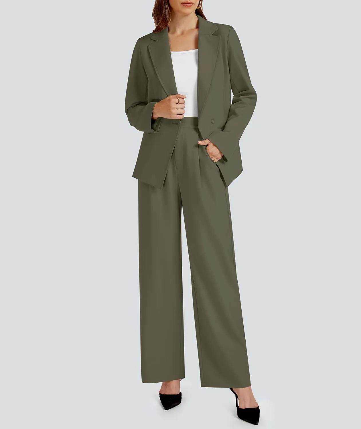 2 Piece Outfits for Women Business Casual Asymmetrical Blazer Jacket and Wide Leg Pants Matching Suit Sets