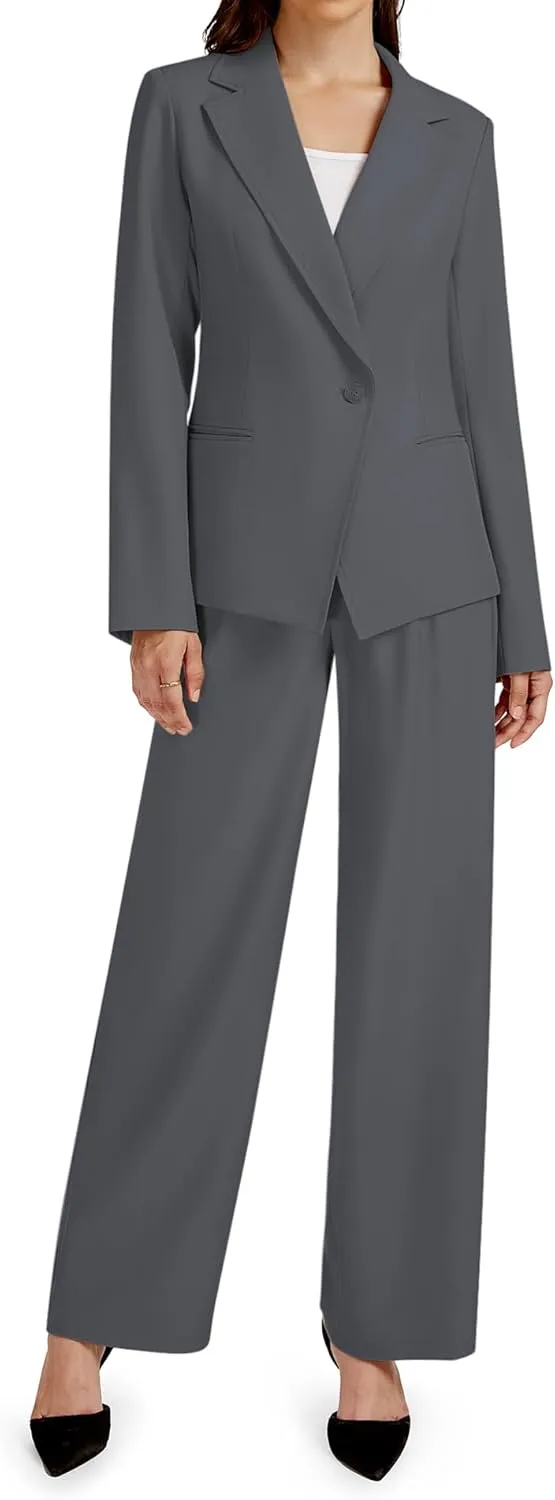 2 Piece Outfits for Women Business Casual Asymmetrical Blazer Jacket and Wide Leg Pants Matching Suit Sets