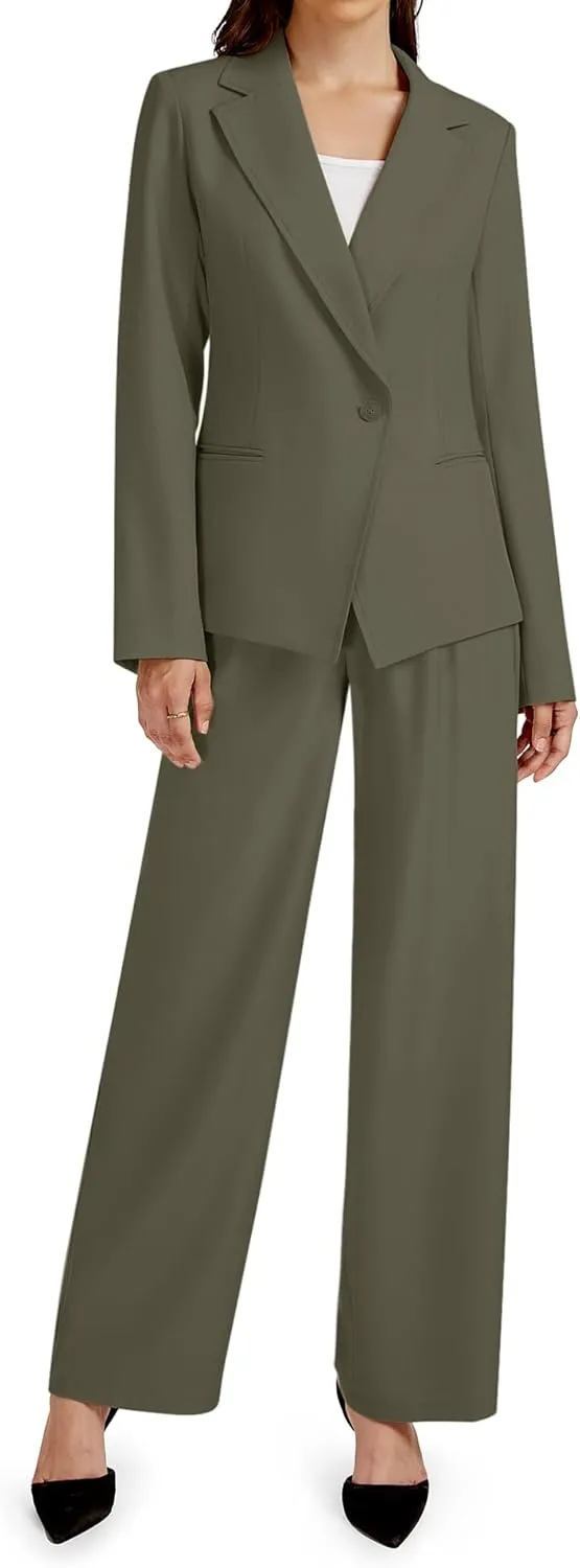 2 Piece Outfits for Women Business Casual Asymmetrical Blazer Jacket and Wide Leg Pants Matching Suit Sets