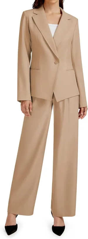 2 Piece Outfits for Women Business Casual Asymmetrical Blazer Jacket and Wide Leg Pants Matching Suit Sets