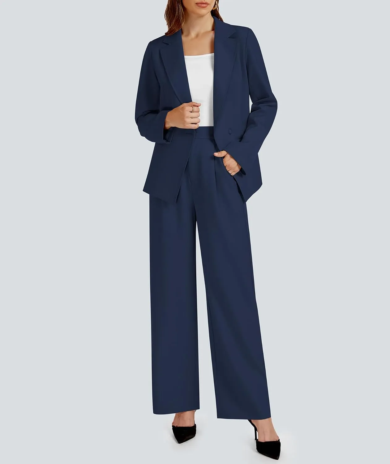 2 Piece Outfits for Women Business Casual Asymmetrical Blazer Jacket and Wide Leg Pants Matching Suit Sets