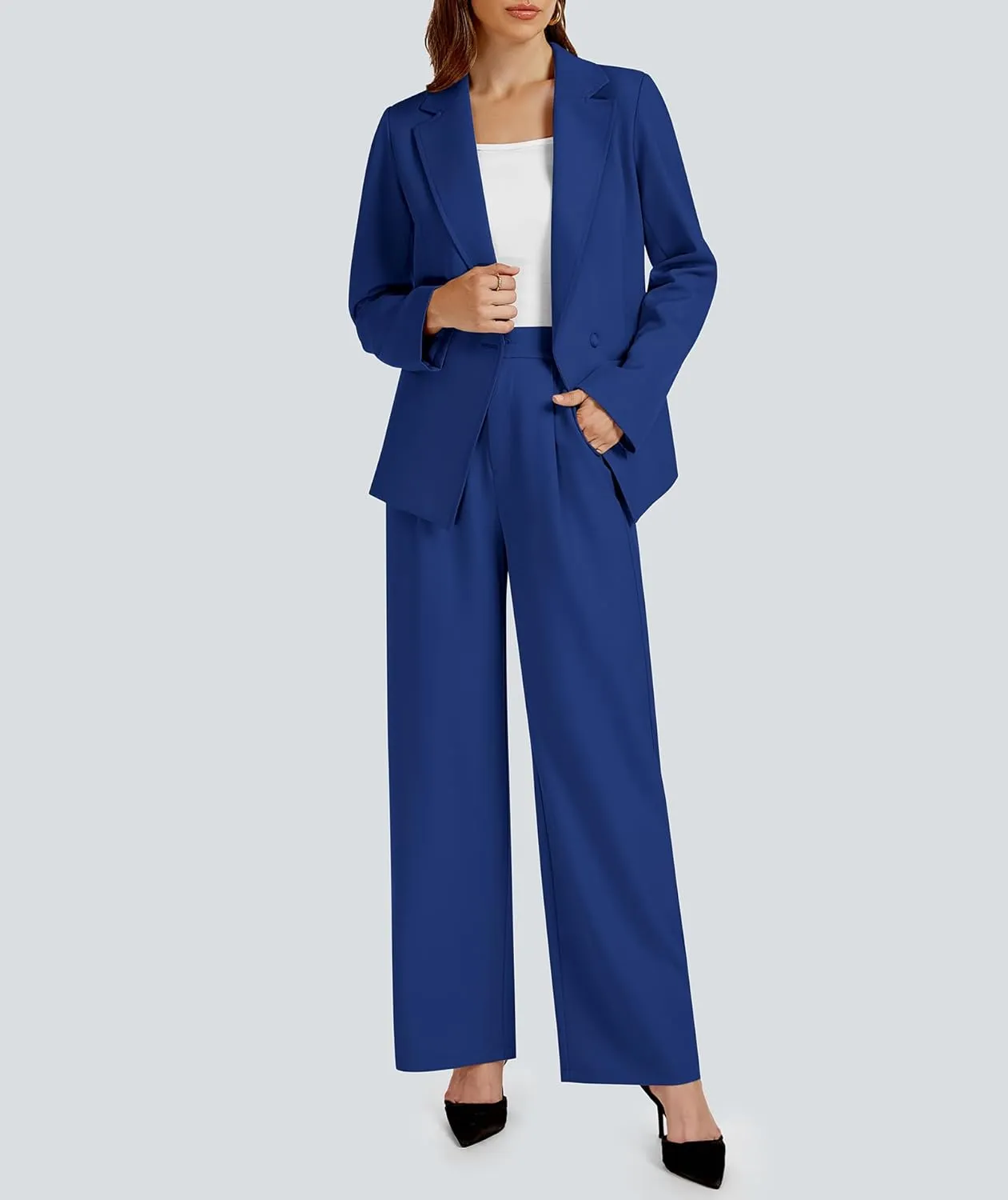 2 Piece Outfits for Women Business Casual Asymmetrical Blazer Jacket and Wide Leg Pants Matching Suit Sets