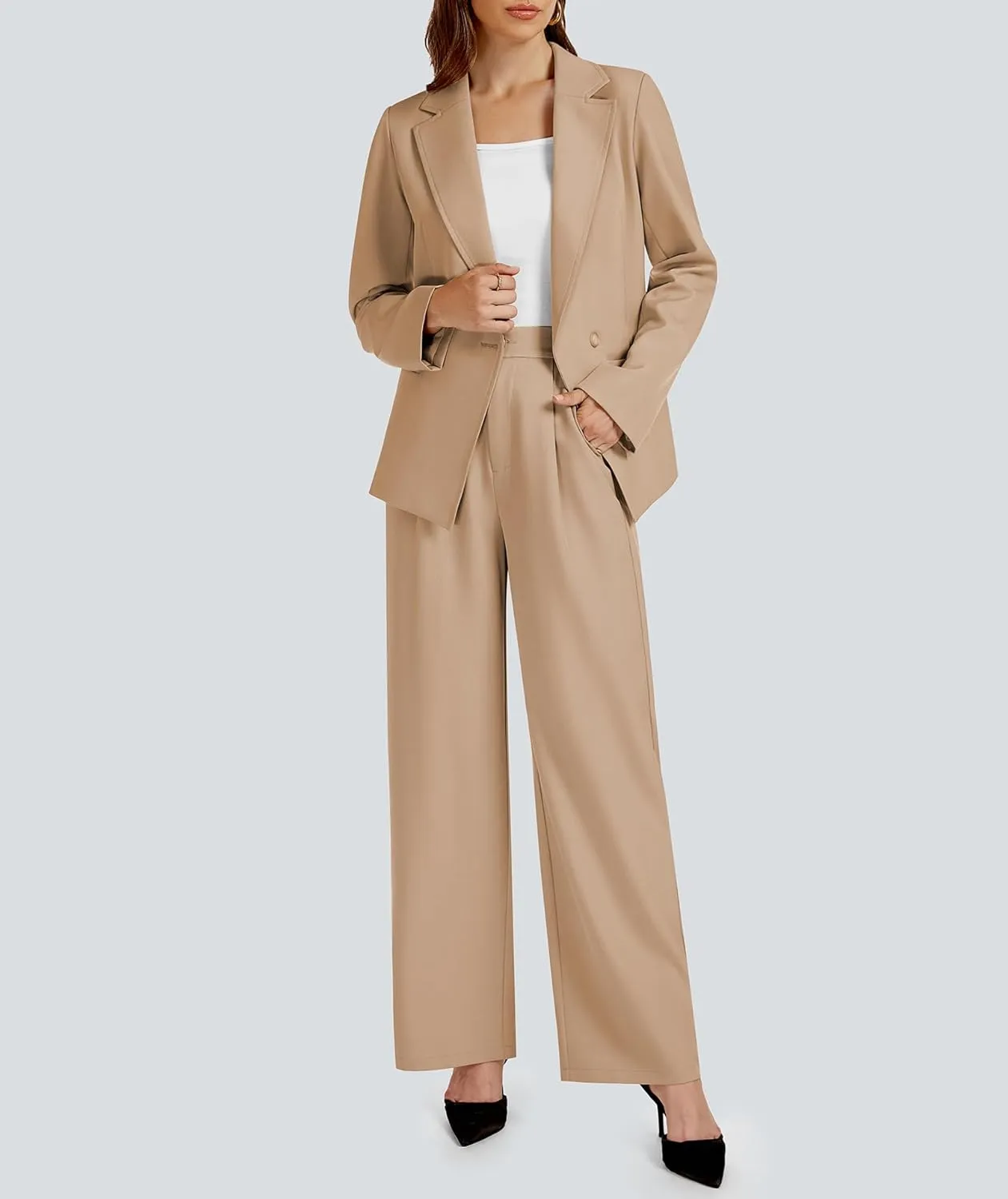 2 Piece Outfits for Women Business Casual Asymmetrical Blazer Jacket and Wide Leg Pants Matching Suit Sets