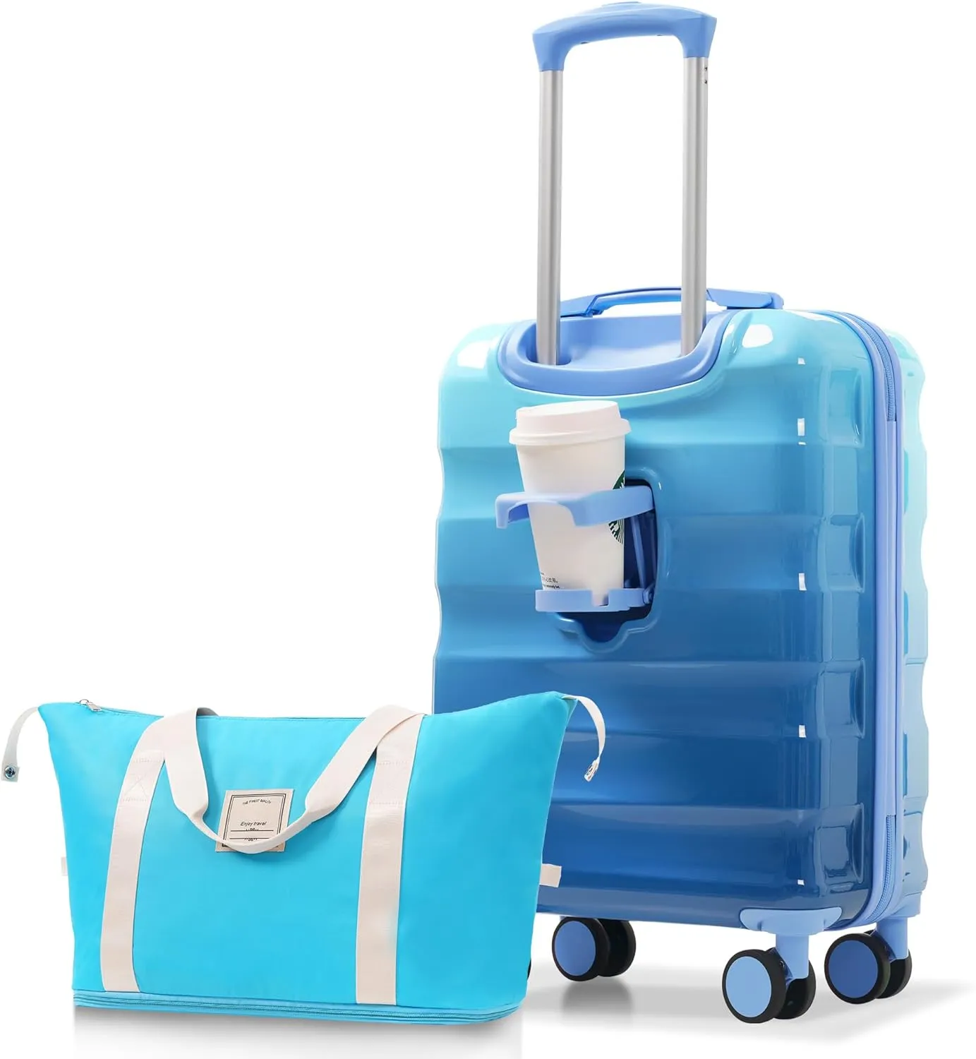 20 Inches Carry-on Luggage 2pcs Set  Lightweight Glossy Hardshell Suitcase With Spinner Wheels, Tsa Lock, Cup Holder & Airline Approved (Blue)