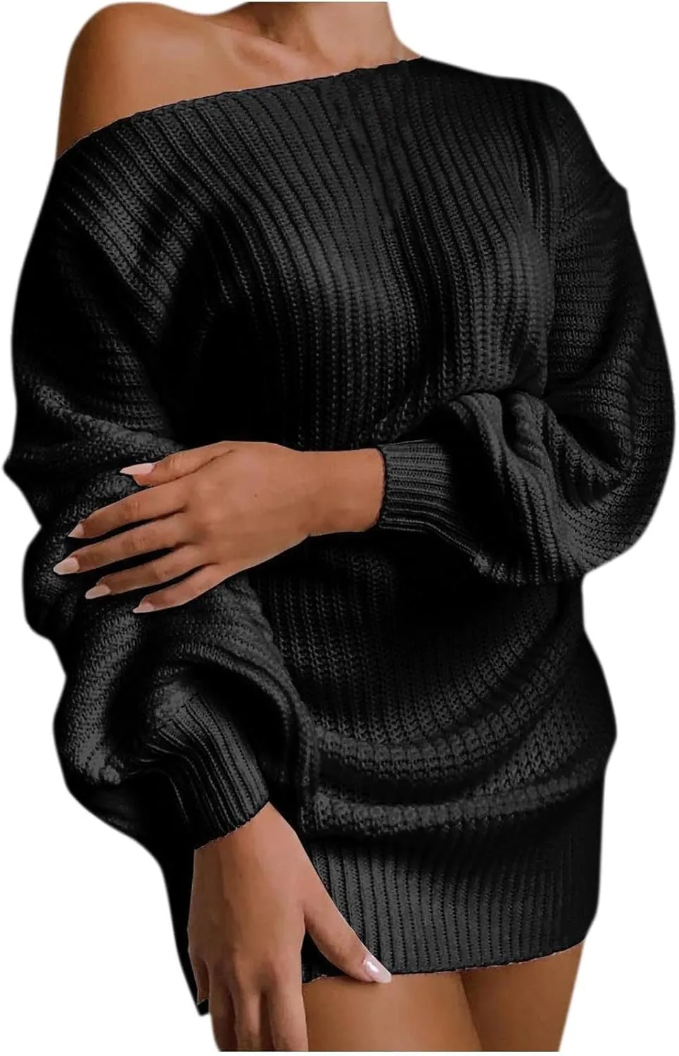 2024 Fashion Fall Mini Dress for Women Cold Shoulder Ribbed Neck Dress Loose Fit Casual Sweater Dresses