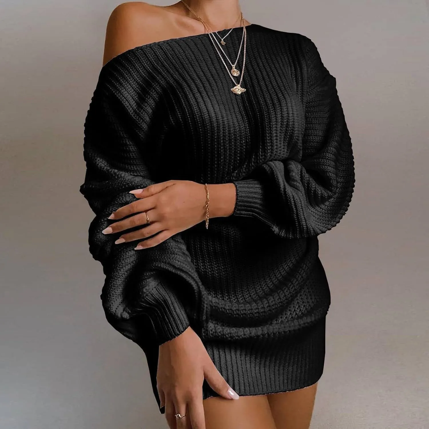 2024 Fashion Fall Mini Dress for Women Cold Shoulder Ribbed Neck Dress Loose Fit Casual Sweater Dresses