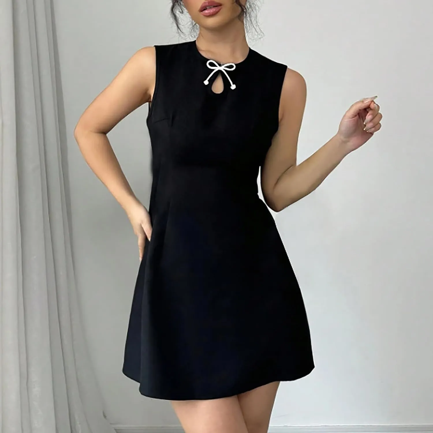 2025 Elegant Tank Dresses for Women Solid Color Crew Neck Sleeveless Bow Mini Dress A-Line Casual Office Dresses