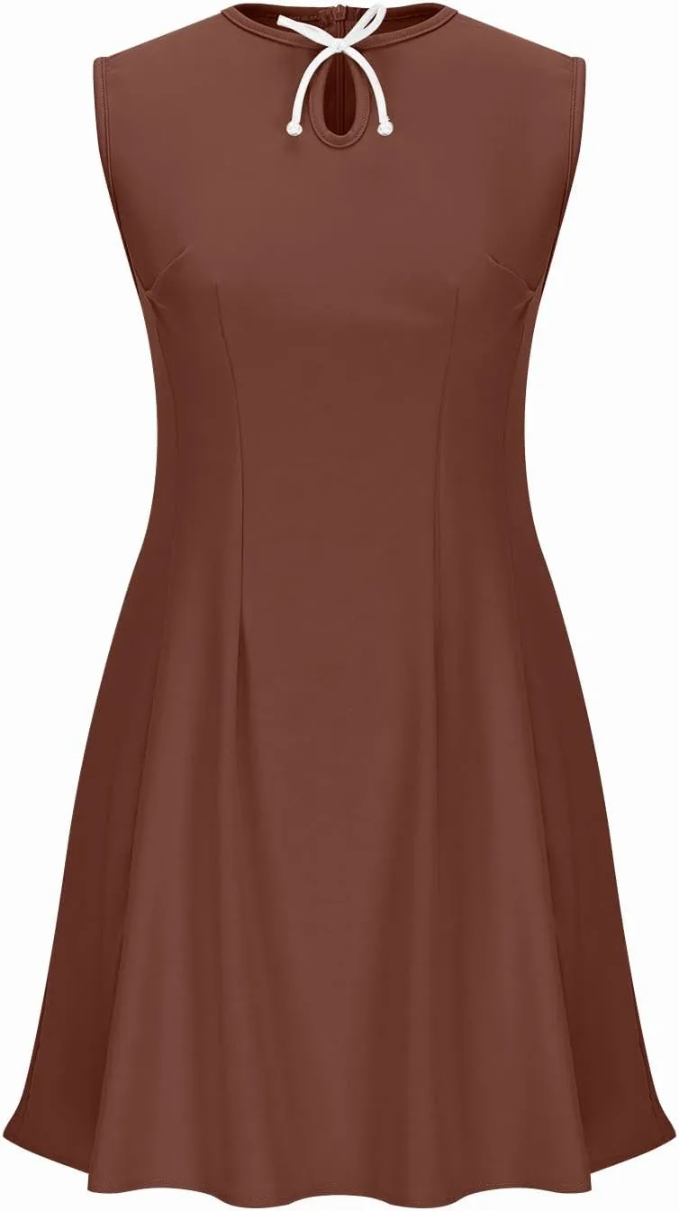 2025 Elegant Tank Dresses for Women Solid Color Crew Neck Sleeveless Bow Mini Dress A-Line Casual Office Dresses