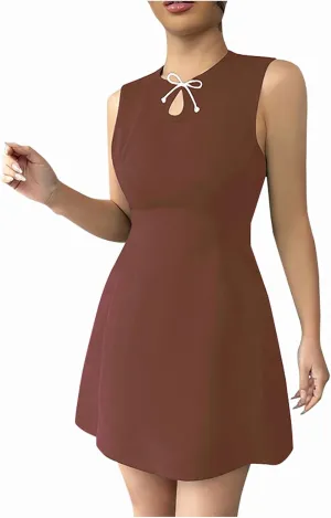 2025 Elegant Tank Dresses for Women Solid Color Crew Neck Sleeveless Bow Mini Dress A-Line Casual Office Dresses