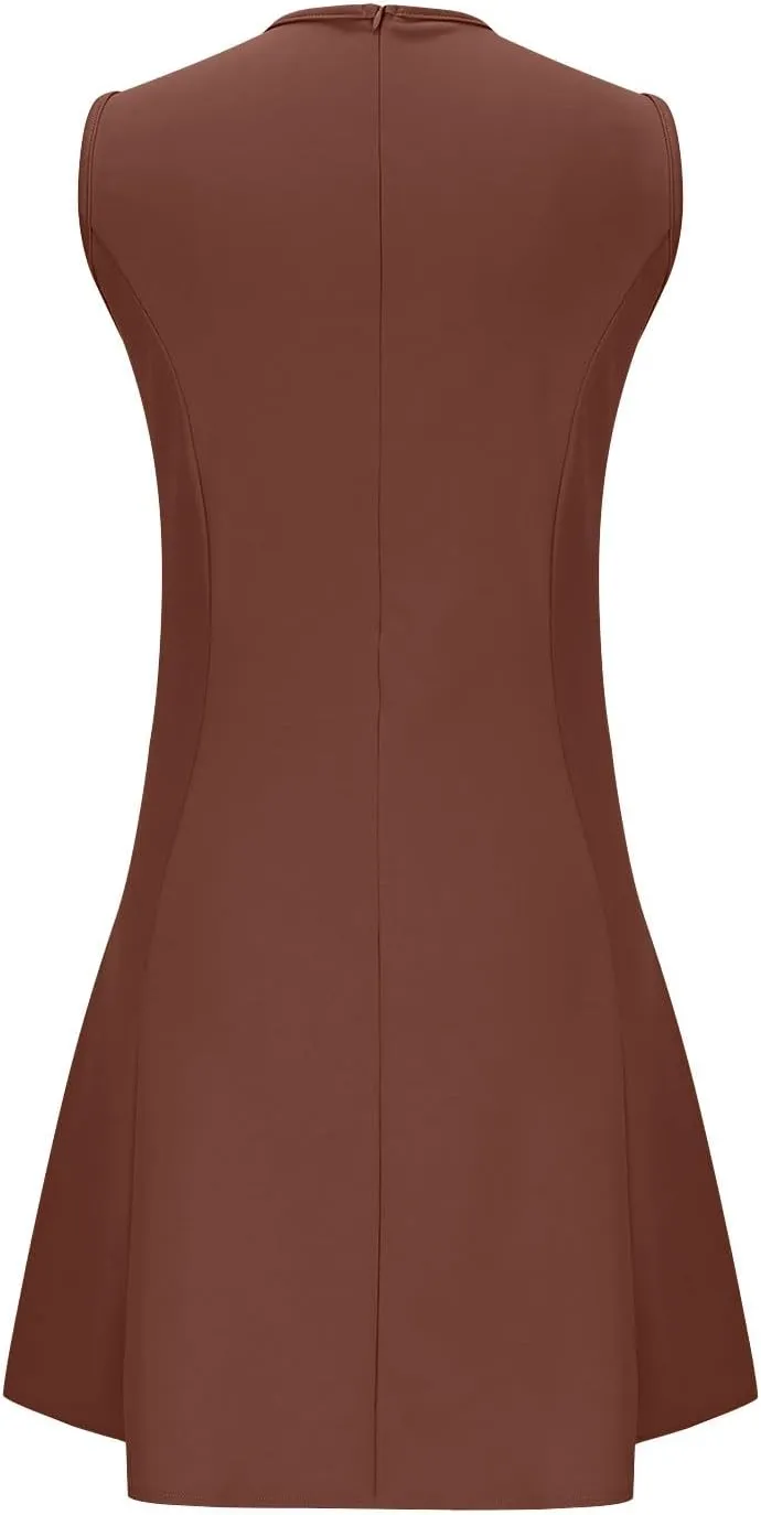 2025 Elegant Tank Dresses for Women Solid Color Crew Neck Sleeveless Bow Mini Dress A-Line Casual Office Dresses