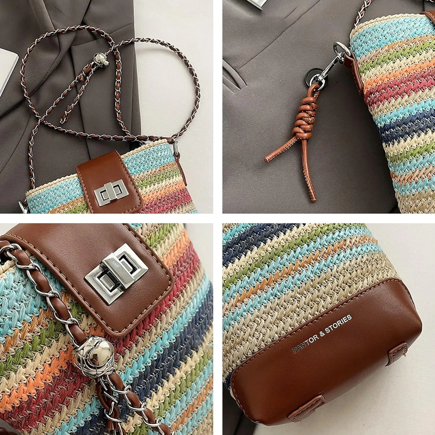 2025 Summer Straw Woven Chain Crossbody Bucket Bag PU Tote Shoulder Handbag Travel Daily Use