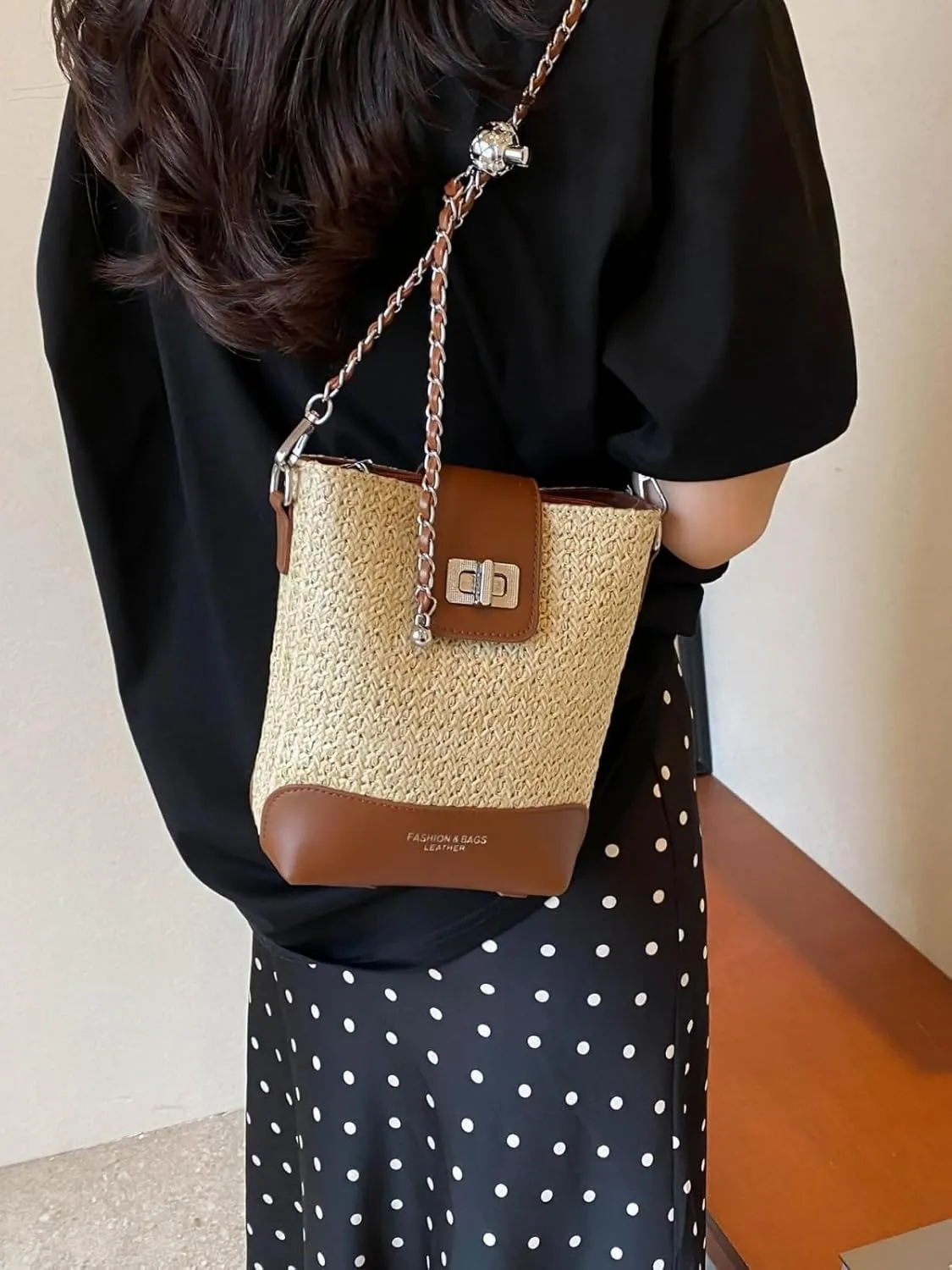 2025 Summer Straw Woven Chain Crossbody Bucket Bag PU Tote Shoulder Handbag Travel Daily Use