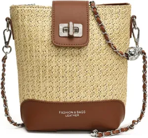 2025 Summer Straw Woven Chain Crossbody Bucket Bag PU Tote Shoulder Handbag Travel Daily Use