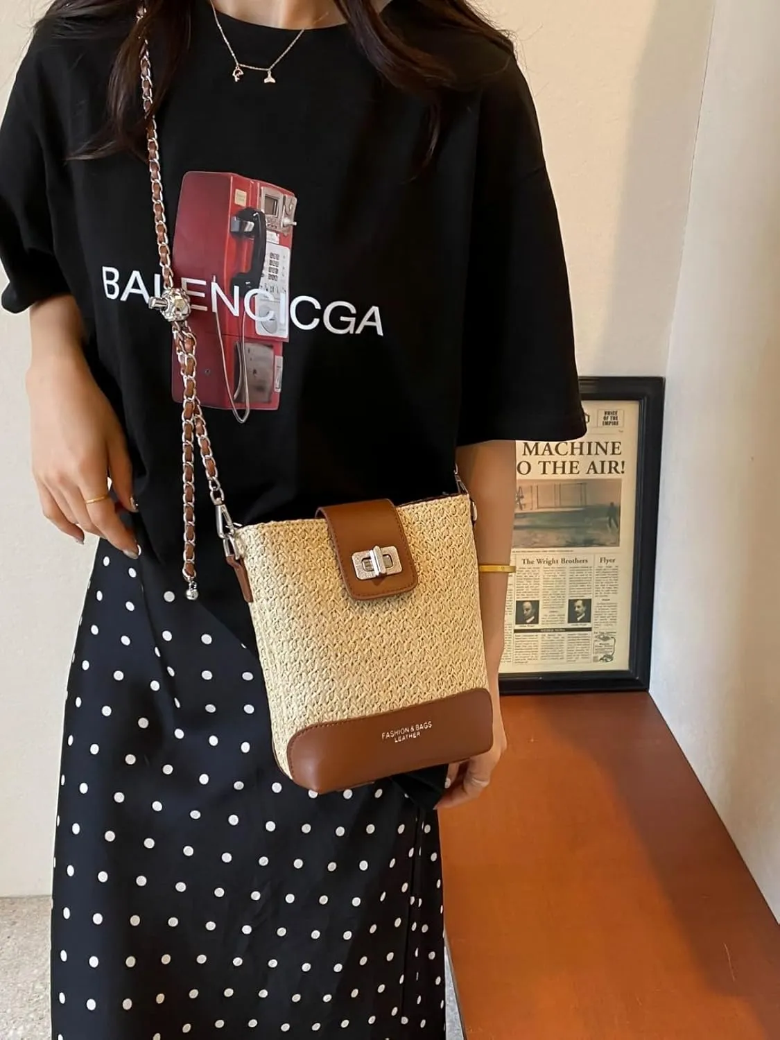 2025 Summer Straw Woven Chain Crossbody Bucket Bag PU Tote Shoulder Handbag Travel Daily Use