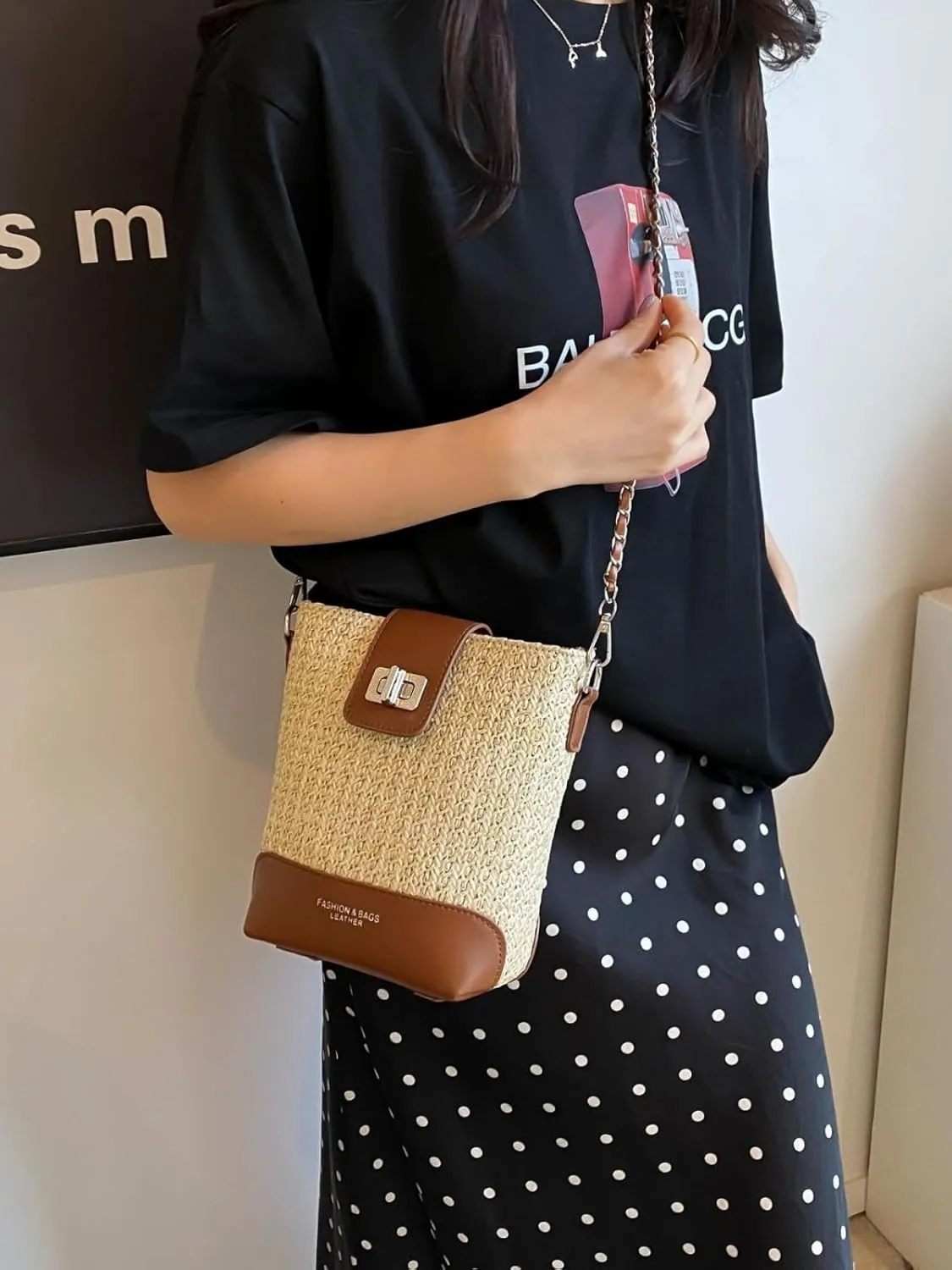 2025 Summer Straw Woven Chain Crossbody Bucket Bag PU Tote Shoulder Handbag Travel Daily Use