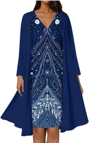 2025 Womens Chiffon Two-Piece Set Trendy Sleeveless V-Neck Dress with Long Sleeve Cover-Up Casual Midi Dress Outfits