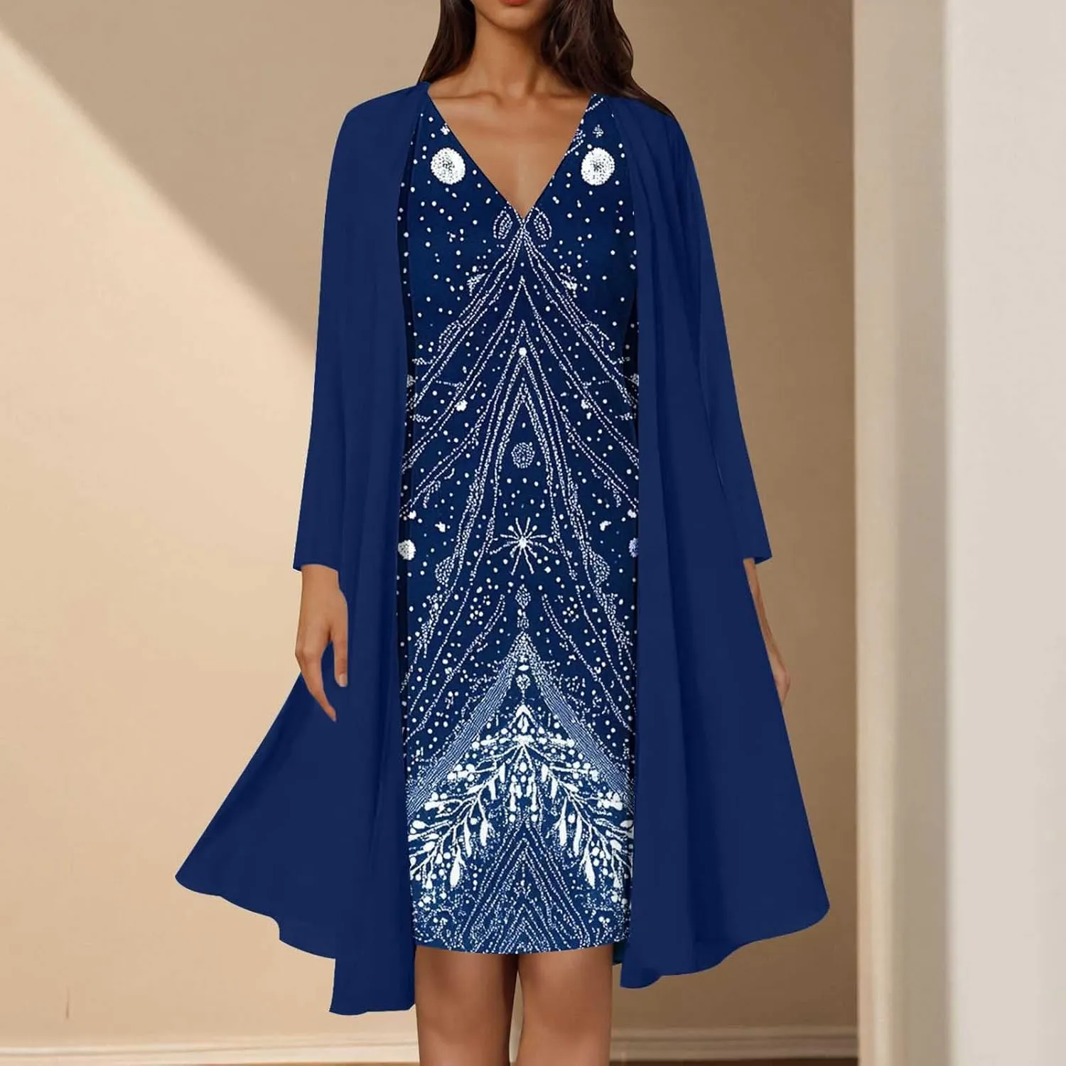 2025 Womens Chiffon Two-Piece Set Trendy Sleeveless V-Neck Dress with Long Sleeve Cover-Up Casual Midi Dress Outfits