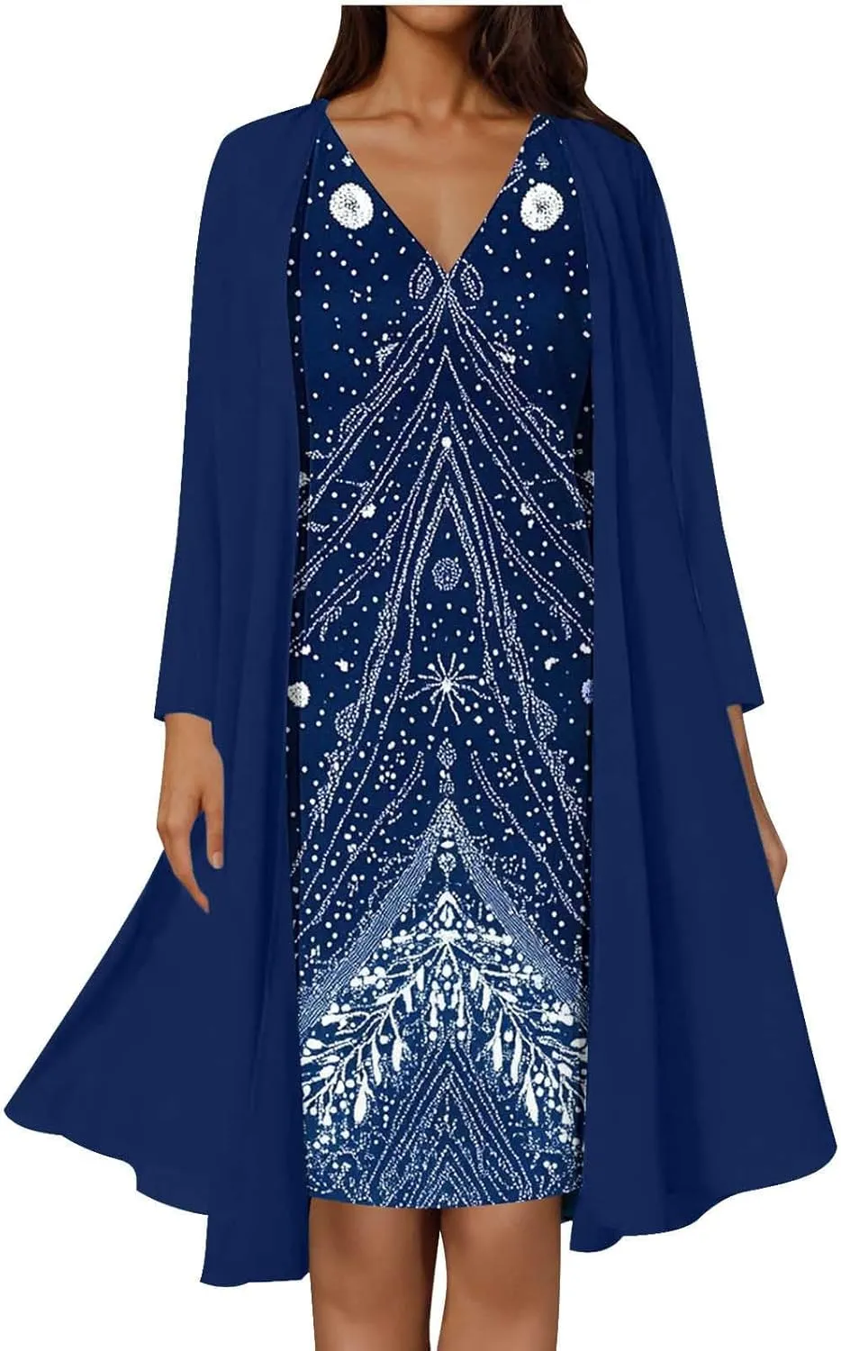 2025 Womens Chiffon Two-Piece Set Trendy Sleeveless V-Neck Dress with Long Sleeve Cover-Up Casual Midi Dress Outfits