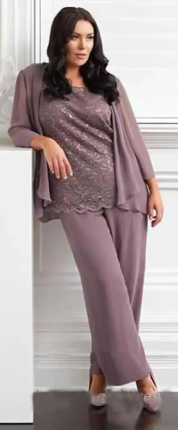 3 Pieces Mother of The Bride Pant Suits with Jacket Womens Chiffon Plus Size Mother of The Groom Pant Suits