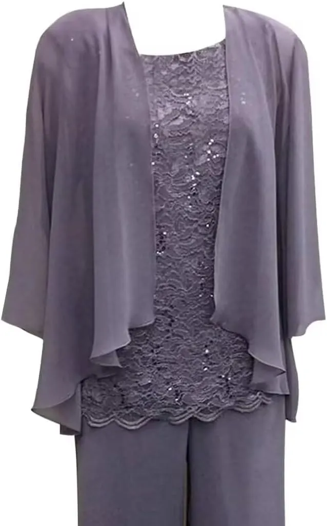 3 Pieces Mother of The Bride Pant Suits with Jacket Womens Chiffon Plus Size Mother of The Groom Pant Suits