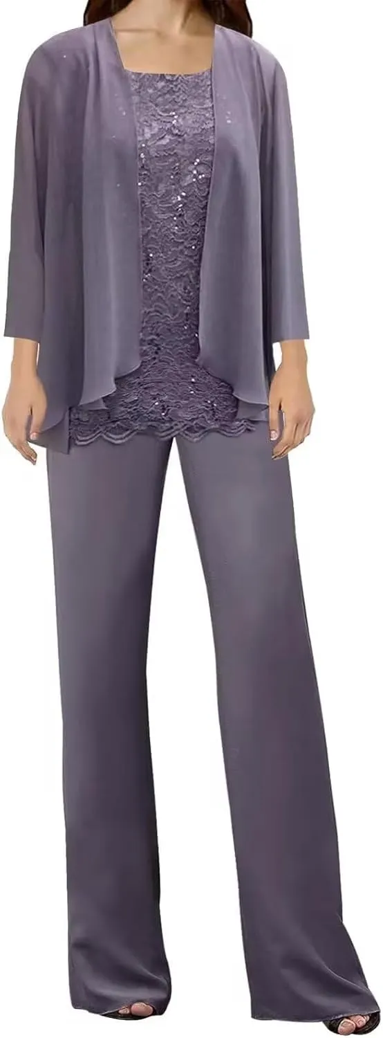 3 Pieces Mother of The Bride Pant Suits with Jacket Womens Chiffon Plus Size Mother of The Groom Pant Suits