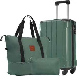 3Pcs Hardshell Luggage Set Spinner Wheel Suitcase 20" with Travel Bag & Toiletry Bag TSA Lock for Men Women (Green/Black)