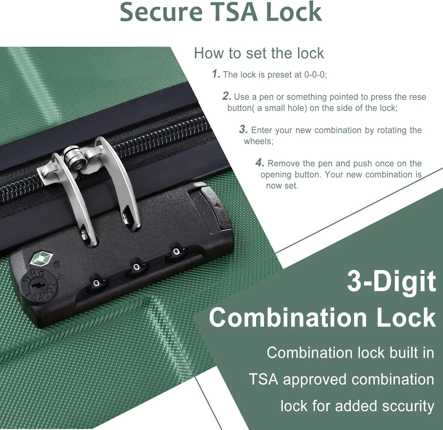 3Pcs Hardshell Luggage Set Spinner Wheel Suitcase 20" with Travel Bag & Toiletry Bag TSA Lock for Men Women (Green/Black)