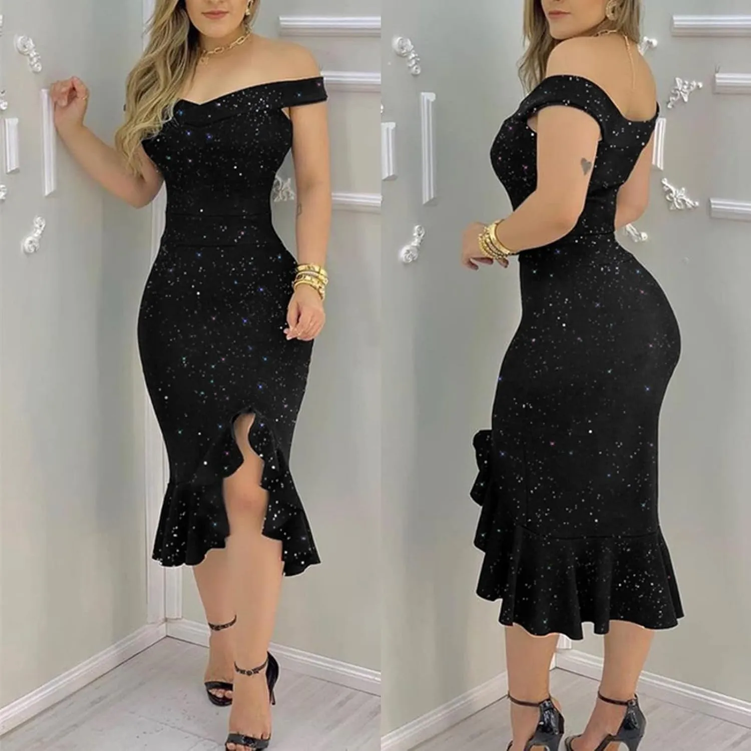 ADHOWBEW Cocktail Dresses,Womens Sexy Off The Shoulder Bodycon Dress Elegant Ruffle Slit Evening Party Midi Dress