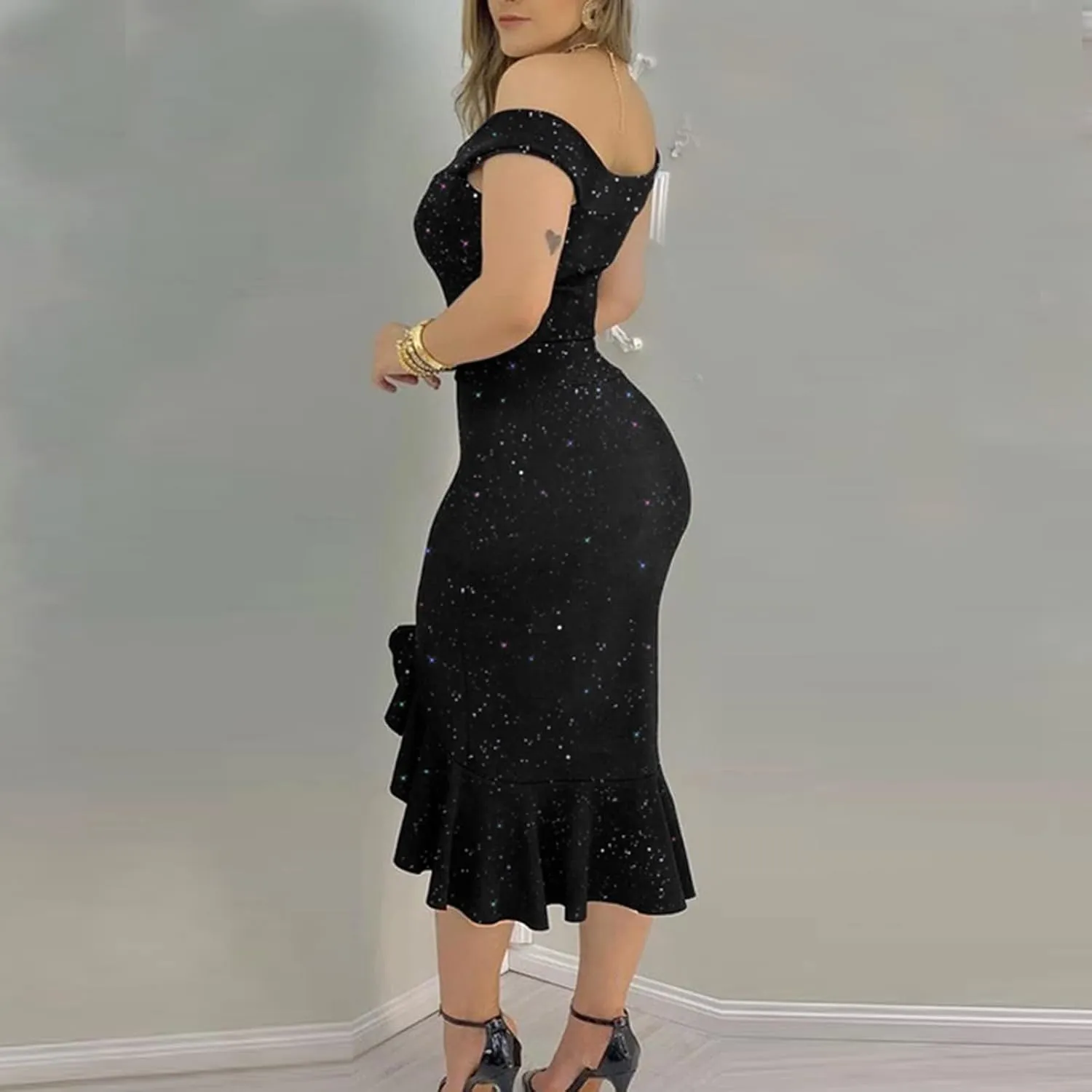 ADHOWBEW Cocktail Dresses,Womens Sexy Off The Shoulder Bodycon Dress Elegant Ruffle Slit Evening Party Midi Dress