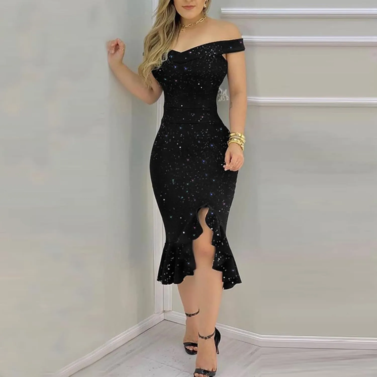 ADHOWBEW Cocktail Dresses,Womens Sexy Off The Shoulder Bodycon Dress Elegant Ruffle Slit Evening Party Midi Dress
