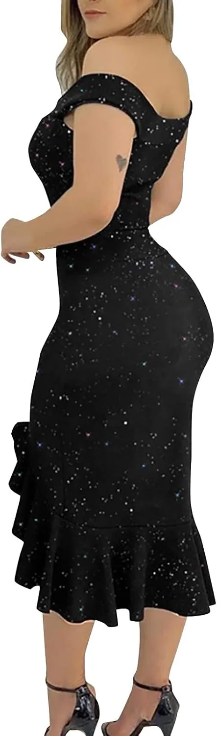 ADHOWBEW Cocktail Dresses,Womens Sexy Off The Shoulder Bodycon Dress Elegant Ruffle Slit Evening Party Midi Dress