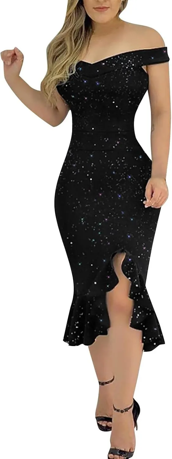 ADHOWBEW Cocktail Dresses,Womens Sexy Off The Shoulder Bodycon Dress Elegant Ruffle Slit Evening Party Midi Dress