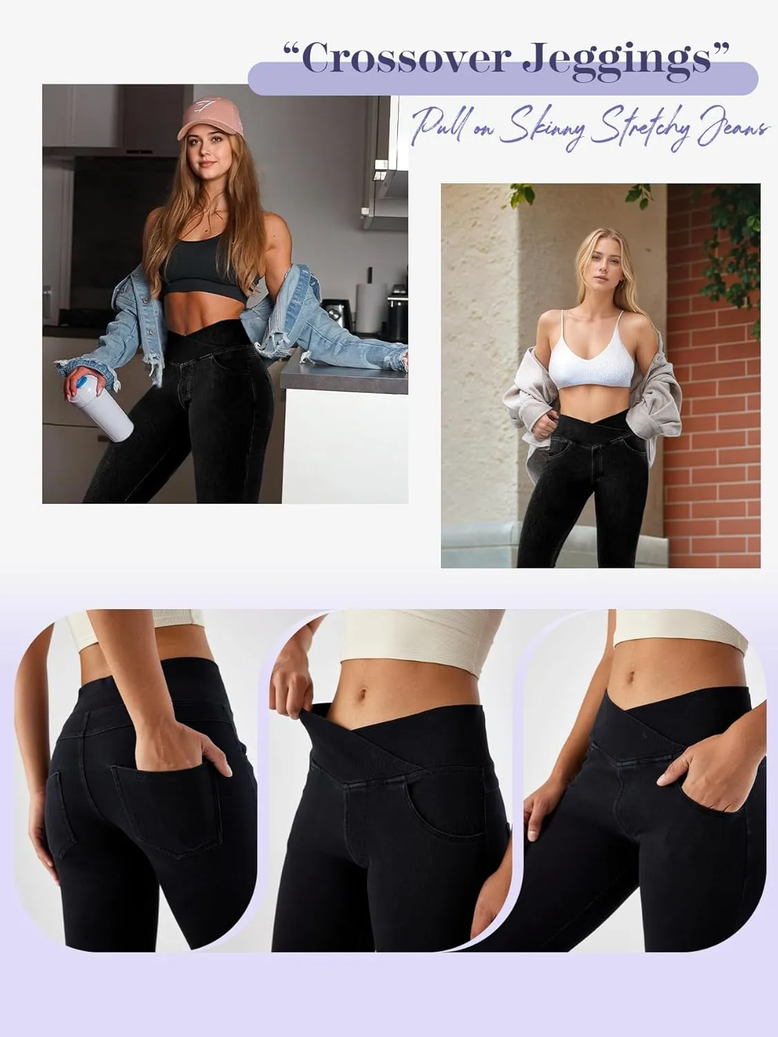 AIMILIA Crossover Jeggings for Women Tummy Control High Waist Pull On Stretchy Jeans Denim Leggings with Pockets Slimming