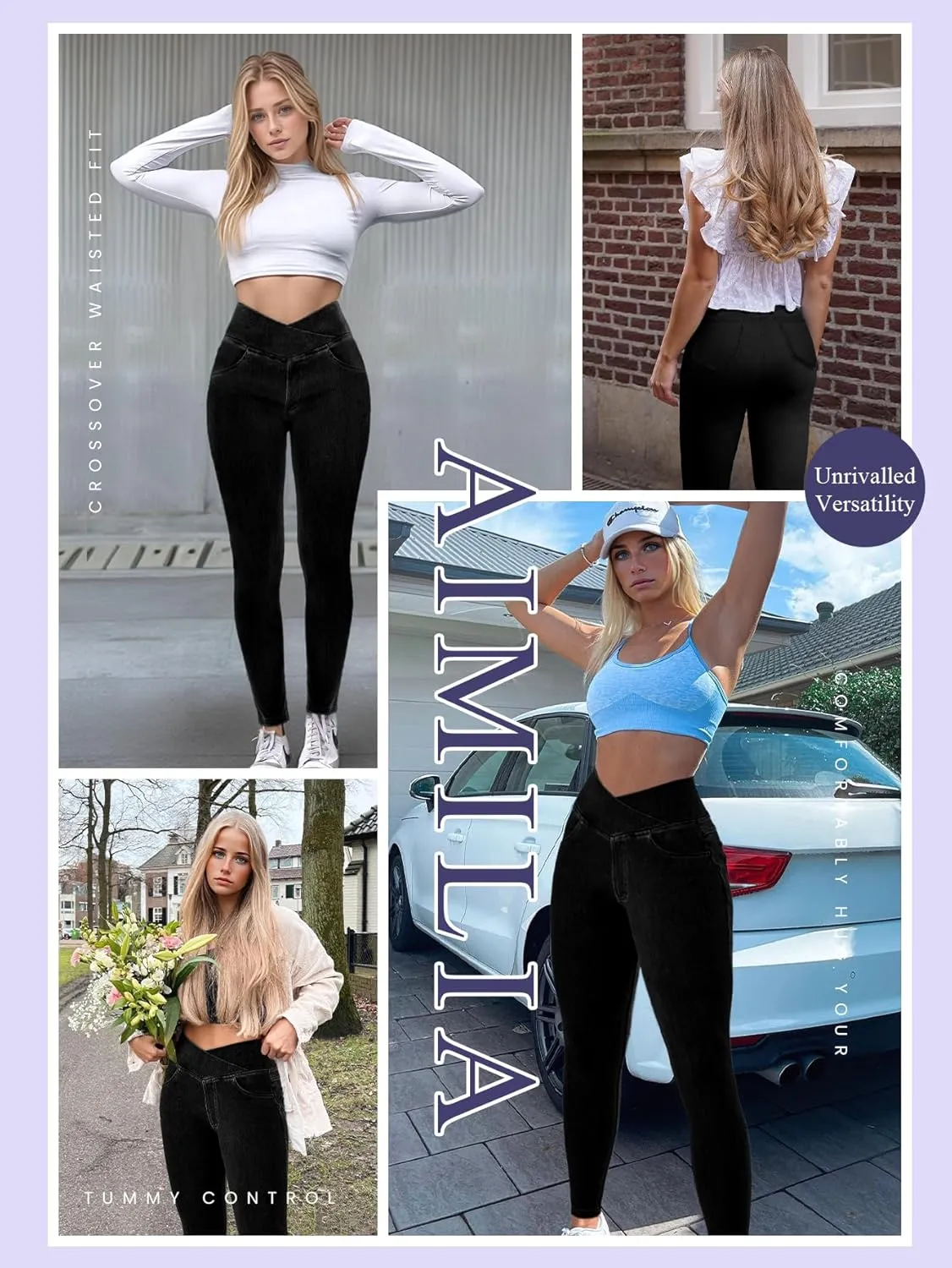 AIMILIA Crossover Jeggings for Women Tummy Control High Waist Pull On Stretchy Jeans Denim Leggings with Pockets Slimming