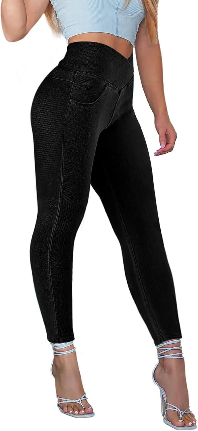 AIMILIA Crossover Jeggings for Women Tummy Control High Waist Pull On Stretchy Jeans Denim Leggings with Pockets Slimming