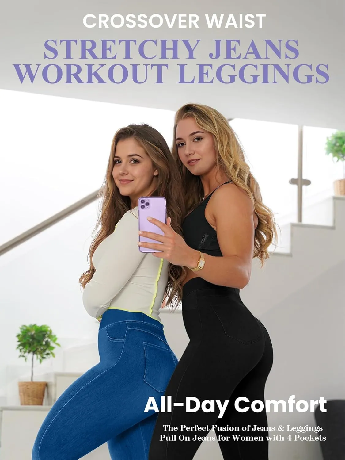 AIMILIA Crossover Jeggings for Women Tummy Control High Waist Pull On Stretchy Jeans Denim Leggings with Pockets Slimming