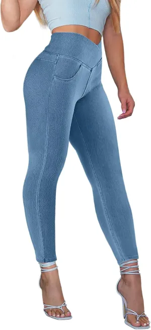 AIMILIA Crossover Jeggings for Women Tummy Control High Waist Pull On Stretchy Jeans Denim Leggings with Pockets Slimming