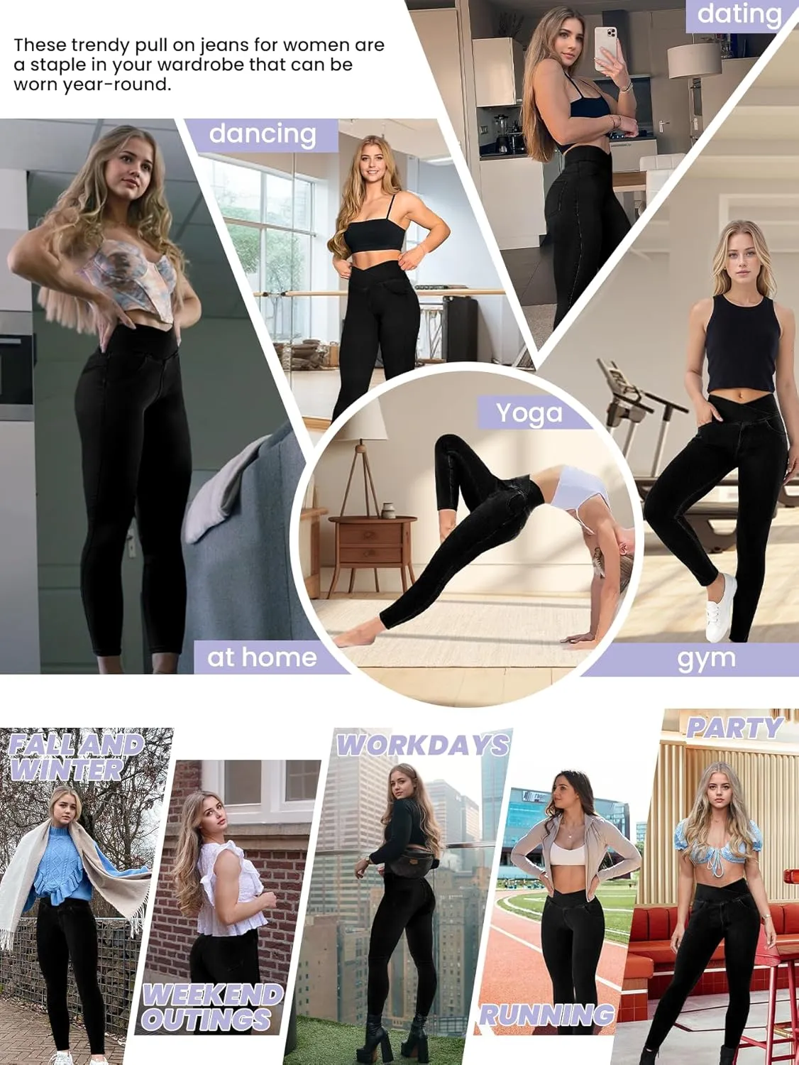 AIMILIA Crossover Jeggings for Women Tummy Control High Waist Pull On Stretchy Jeans Denim Leggings with Pockets Slimming