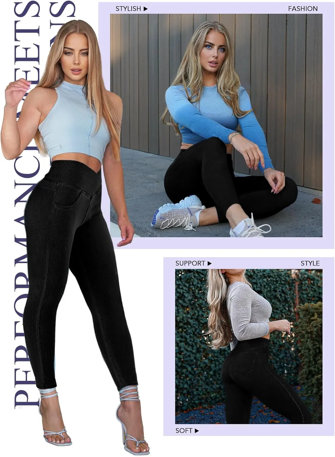 AIMILIA Crossover Jeggings for Women Tummy Control High Waist Pull On Stretchy Jeans Denim Leggings with Pockets Slimming