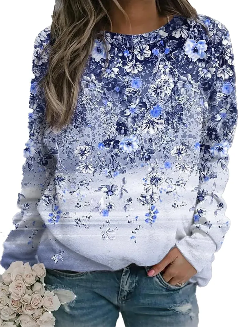 Akivide Women Casual Lightweight Sweatshirt Oversized Floral Print Long Sleeve Crewneck Trendy Graphic Top Pullover