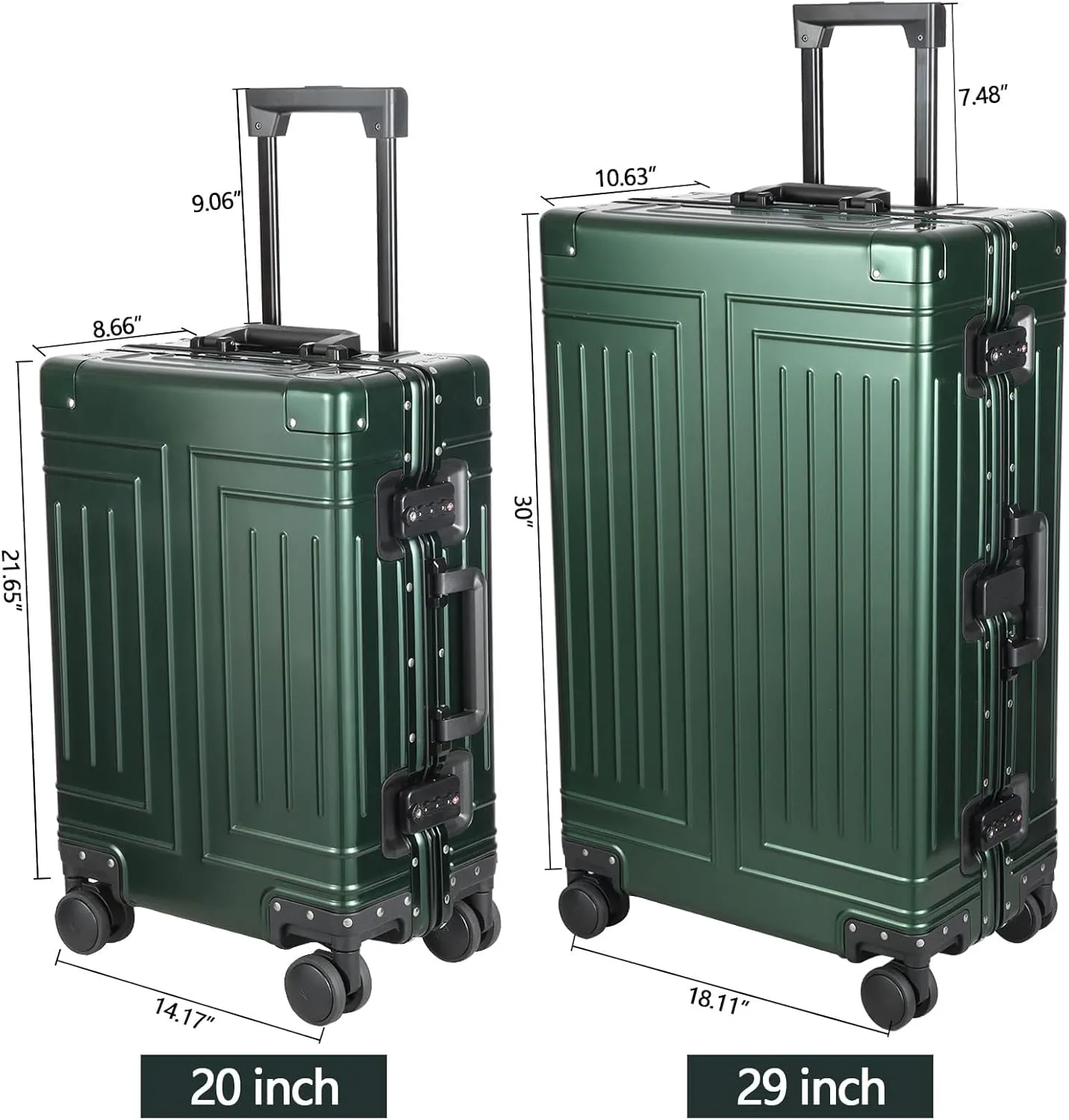 All-Aluminum-Magnesium Trolley Case,Hardside Carry-on Suitcase,Zip-free cabin Luggage,Suitcase with Spinner Wheels built-in TSA lock, Medium size luggage (Green, 20-Inch)