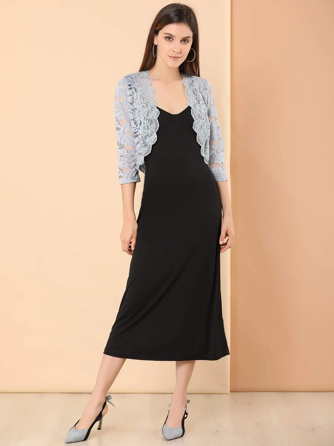 Allegra K Women's Elegant 3/4 Sleeve Sheer Floral Lace Shrug Top